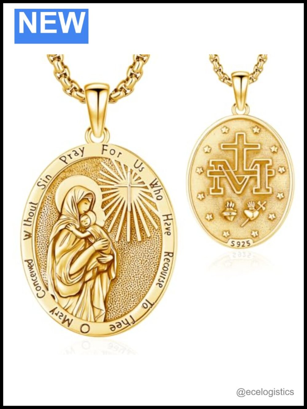 925 Sterling Silver Virgin Mary Miraculous Medal Pendant Necklace 22in